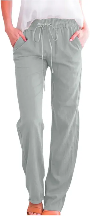 Womens Linen Pants Straight Leg Casual Pants Lightweight Drawstring Pants Summer Comfy Trousers with Pockets