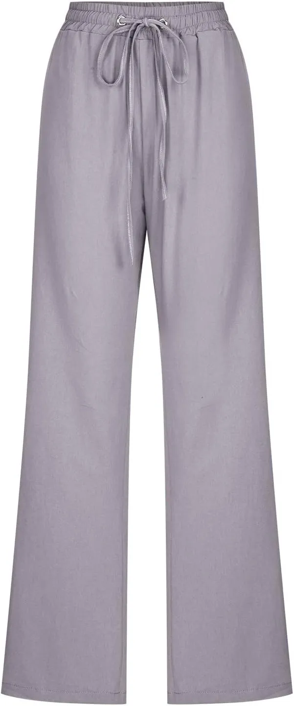 Womens Linen Pants Straight Leg Casual Pants Lightweight Drawstring Pants Summer Comfy Trousers with Pockets