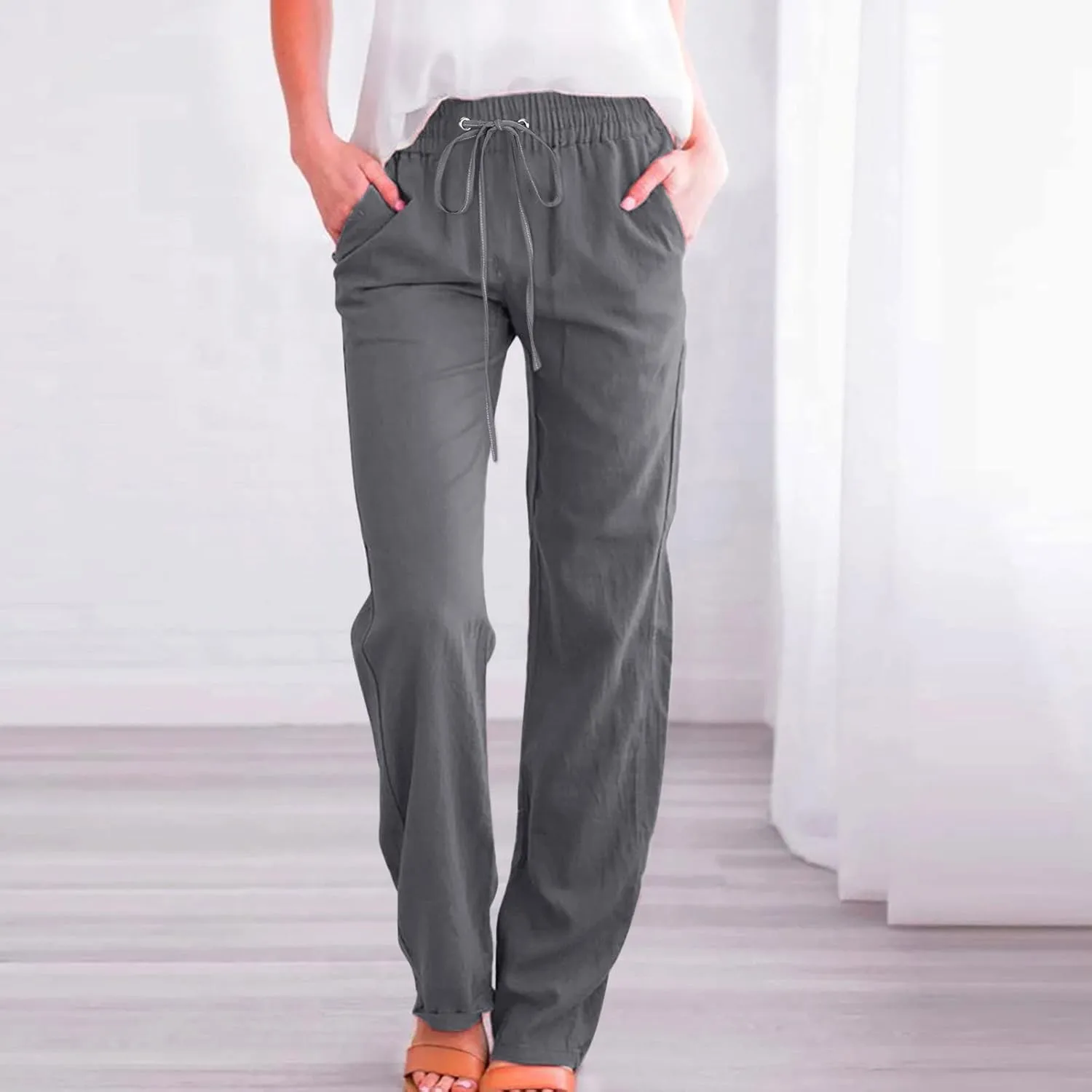 Womens Linen Pants Straight Leg Casual Pants Lightweight Drawstring Pants Summer Comfy Trousers with Pockets