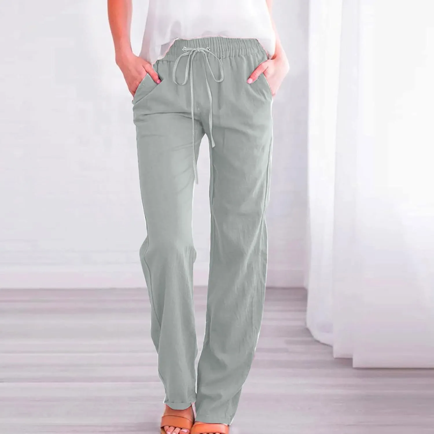 Womens Linen Pants Straight Leg Casual Pants Lightweight Drawstring Pants Summer Comfy Trousers with Pockets