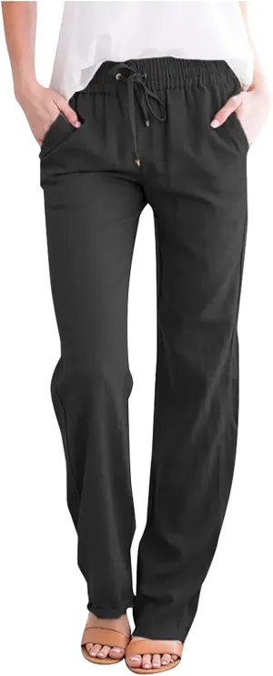 Womens Linen Pants Straight Leg Casual Pants Lightweight Drawstring Pants Summer Comfy Trousers with Pockets