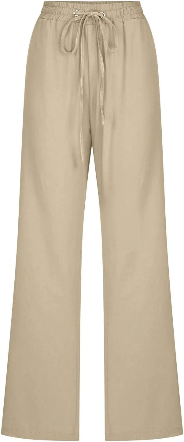 Womens Linen Pants Straight Leg Casual Pants Lightweight Drawstring Pants Summer Comfy Trousers with Pockets