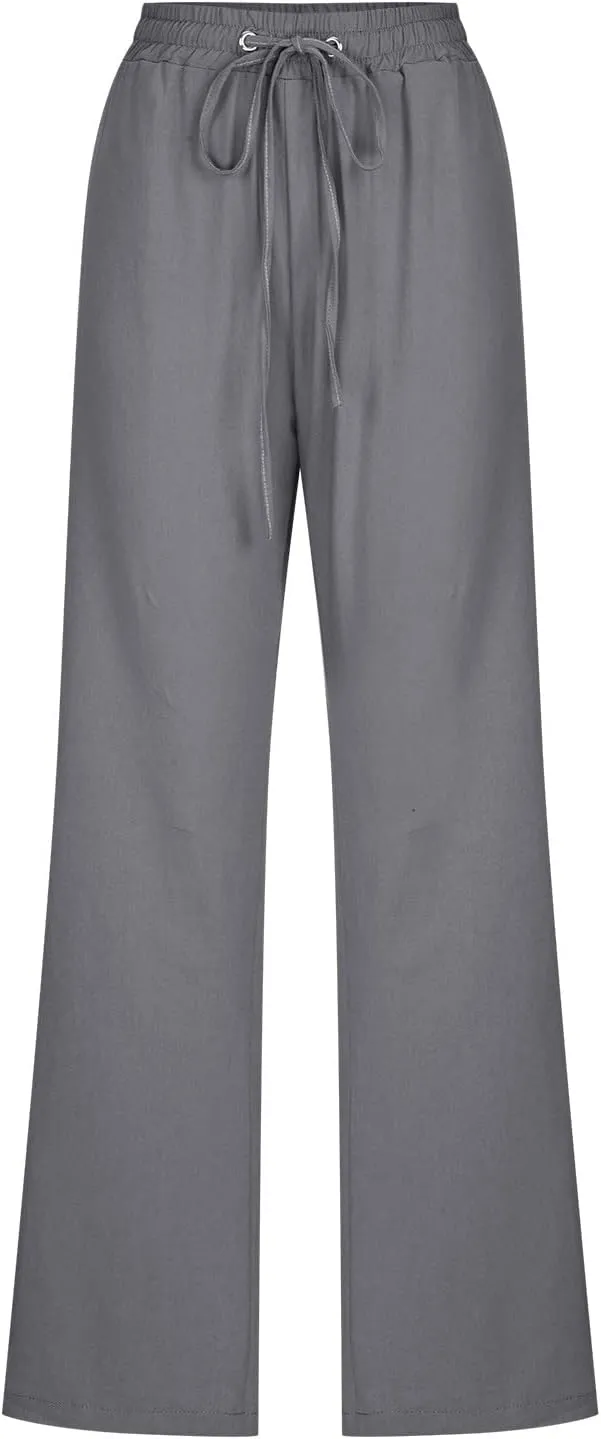 Womens Linen Pants Straight Leg Casual Pants Lightweight Drawstring Pants Summer Comfy Trousers with Pockets
