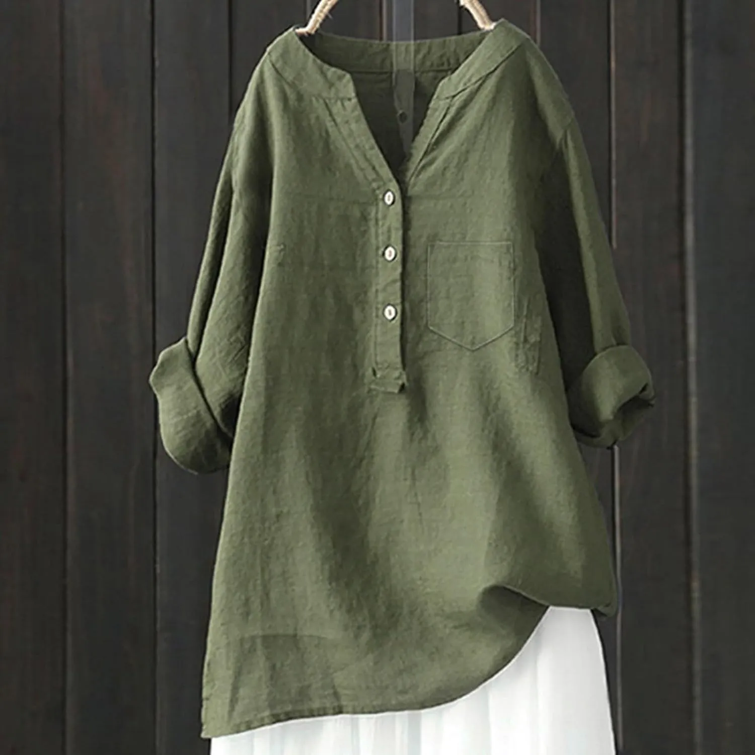 Womens Linen Shirts V Neck Button Up Blouse Solid Color Comfy Tops Long Sleeve Loose T Shirt