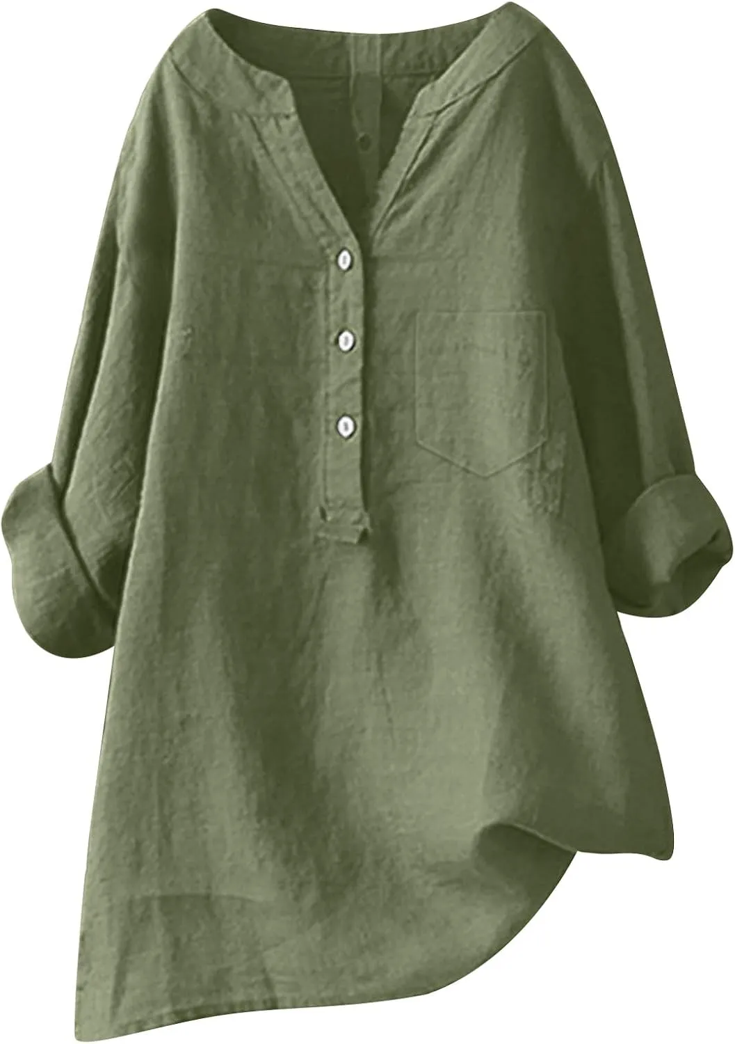 Womens Linen Shirts V Neck Button Up Blouse Solid Color Comfy Tops Long Sleeve Loose T Shirt
