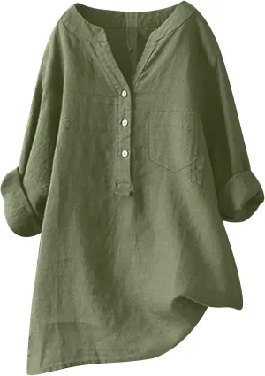 Womens Linen Shirts V Neck Button Up Blouse Solid Color Comfy Tops Long Sleeve Loose T Shirt
