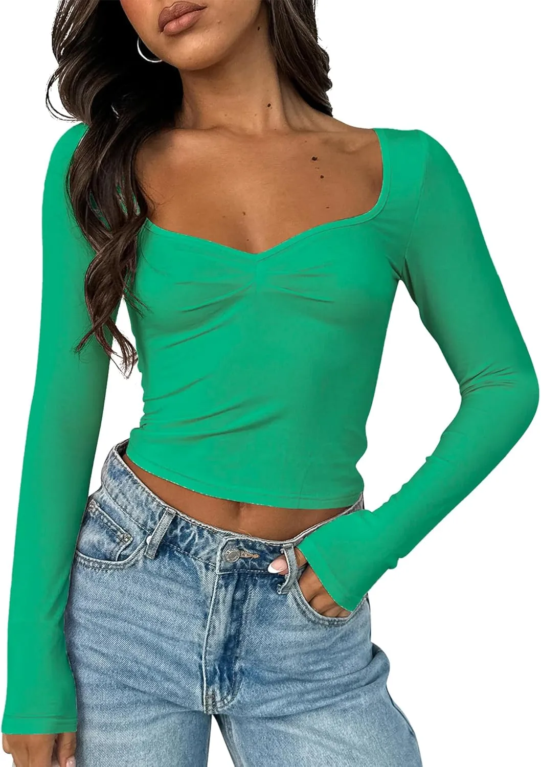 Women's Long Sleeve Going Out Crop Top Sexy Pleated Trendy Shirt Sweetheart Neck Y2K Ruched Cropped Tops