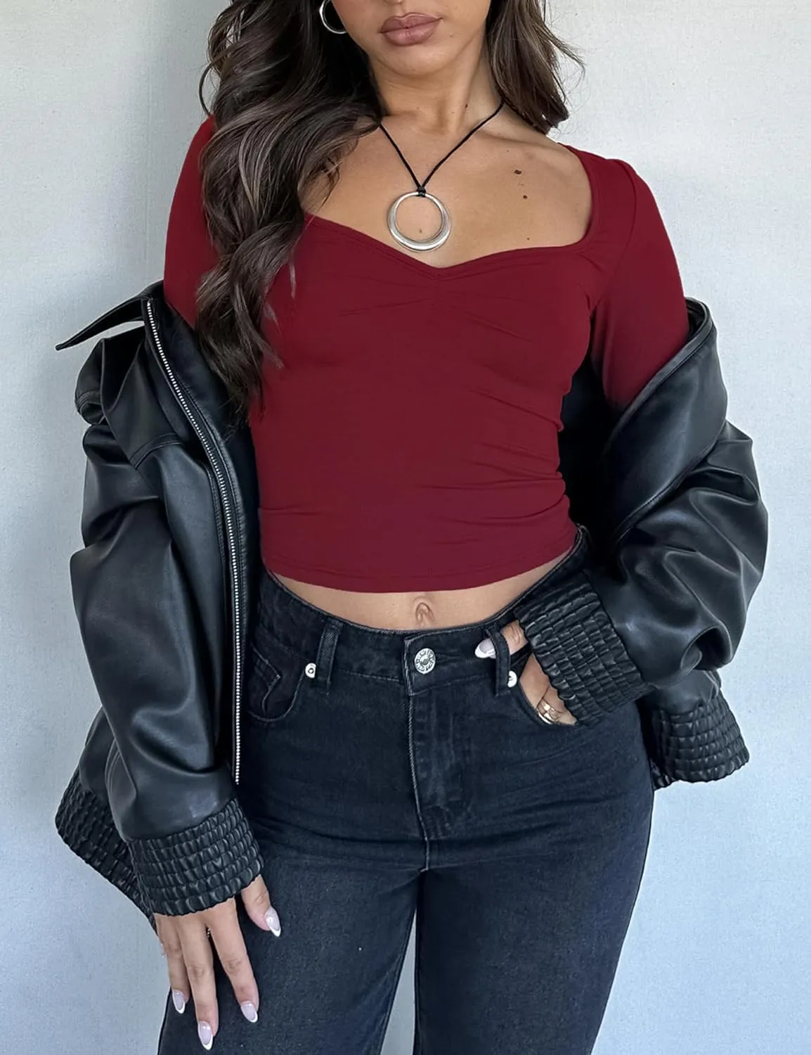 Women's Long Sleeve Going Out Crop Top Sexy Pleated Trendy Shirt Sweetheart Neck Y2K Ruched Cropped Tops