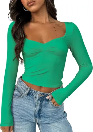 Women's Long Sleeve Going Out Crop Top Sexy Pleated Trendy Shirt Sweetheart Neck Y2K Ruched Cropped Tops