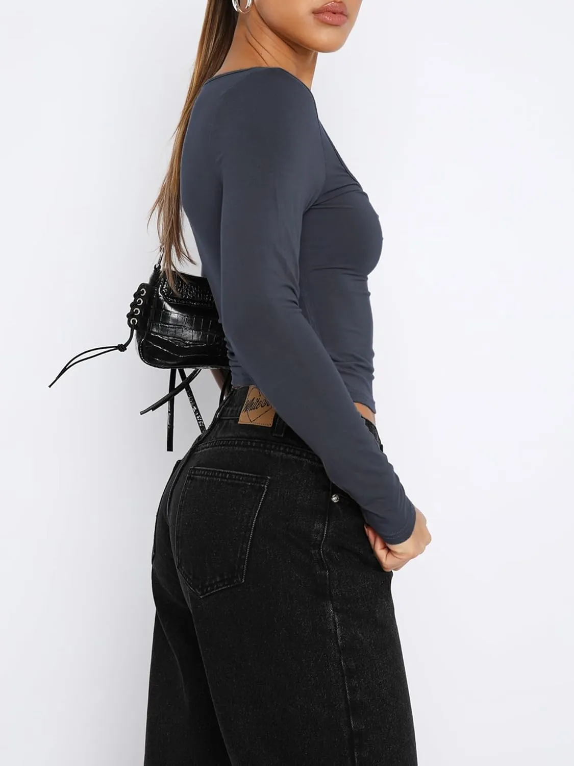 Women's Long Sleeve Going Out Crop Top Sexy Pleated Trendy Shirt Sweetheart Neck Y2K Ruched Cropped Tops