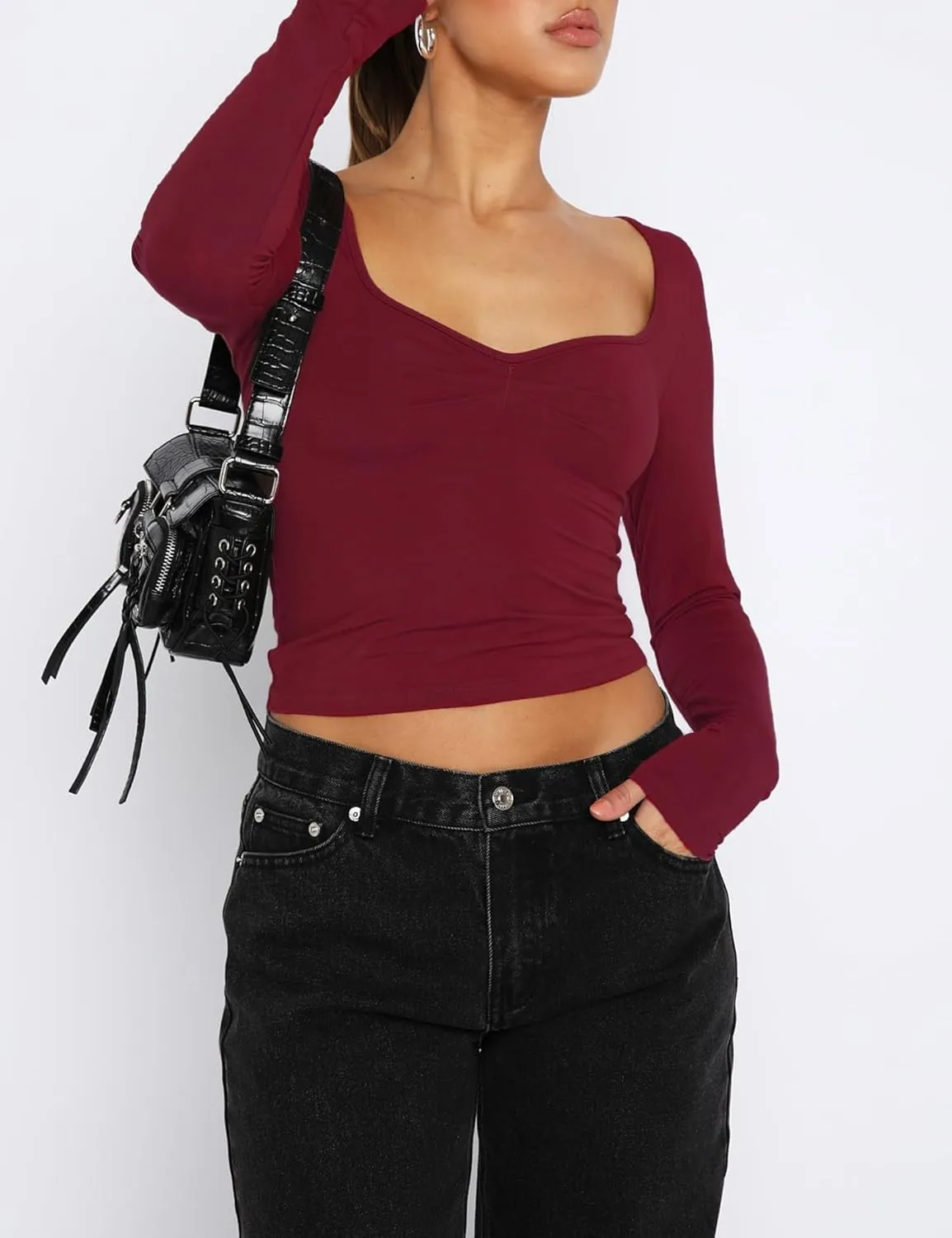 Women's Long Sleeve Going Out Crop Top Sexy Pleated Trendy Shirt Sweetheart Neck Y2K Ruched Cropped Tops
