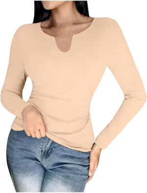 Womens Long Sleeve Shirts with Built in Bra Casual Basic Padded Scrubs Tops Plain Notch V Neck Undershirt Blouse