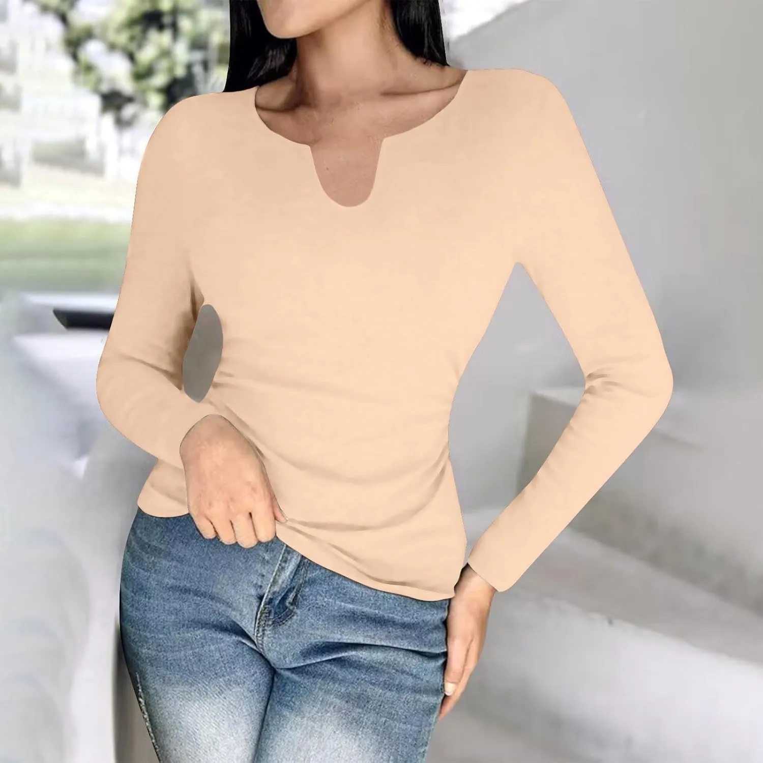 Womens Long Sleeve Shirts with Built in Bra Casual Basic Padded Scrubs Tops Plain Notch V Neck Undershirt Blouse