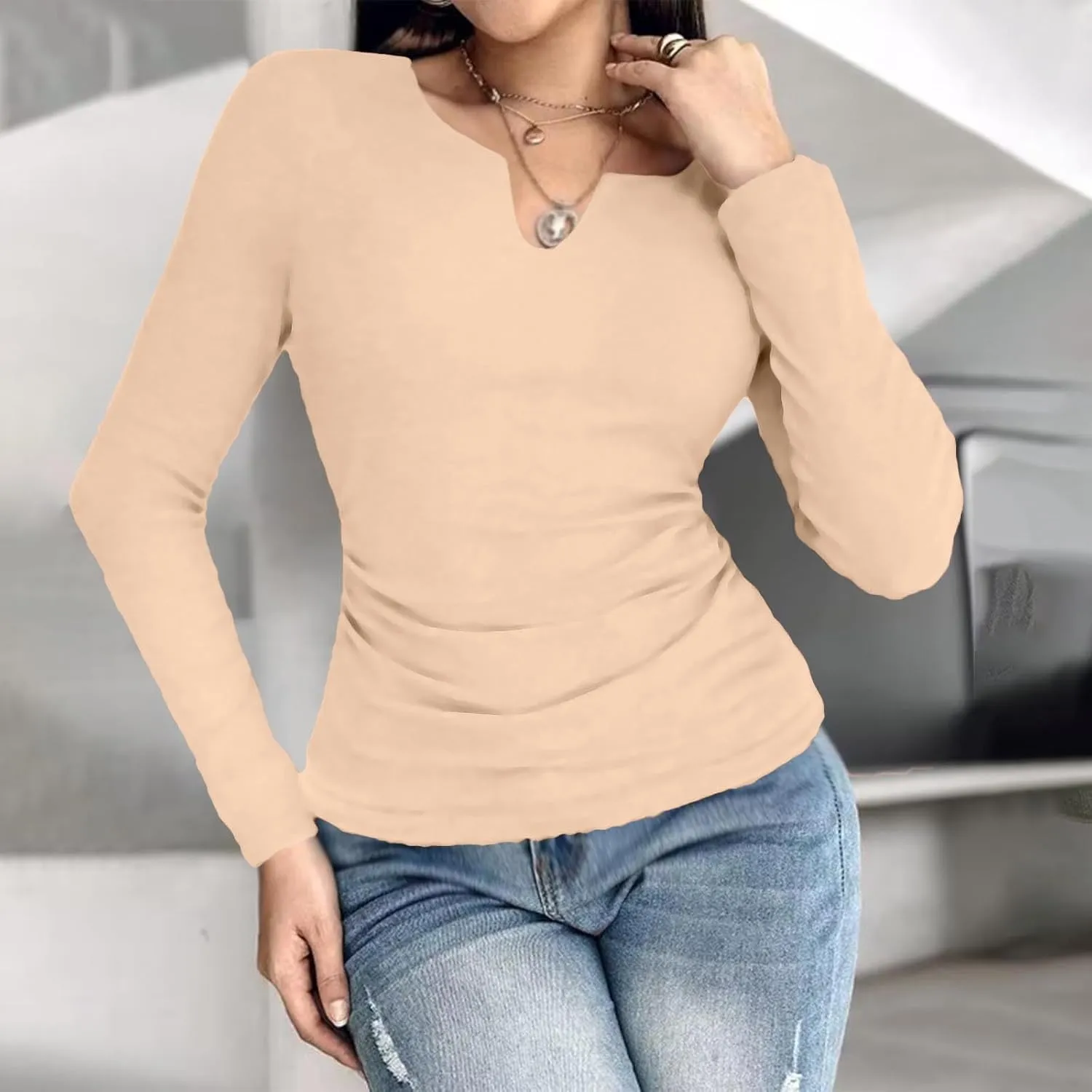 Womens Long Sleeve Shirts with Built in Bra Casual Basic Padded Scrubs Tops Plain Notch V Neck Undershirt Blouse