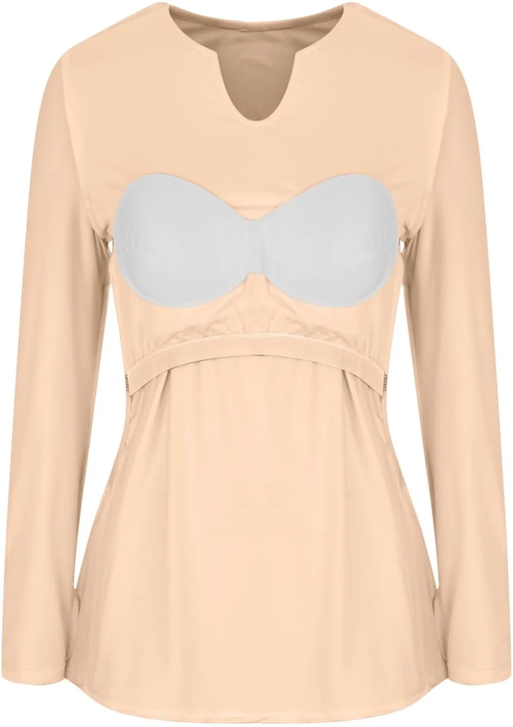 Womens Long Sleeve Shirts with Built in Bra Casual Basic Padded Scrubs Tops Plain Notch V Neck Undershirt Blouse