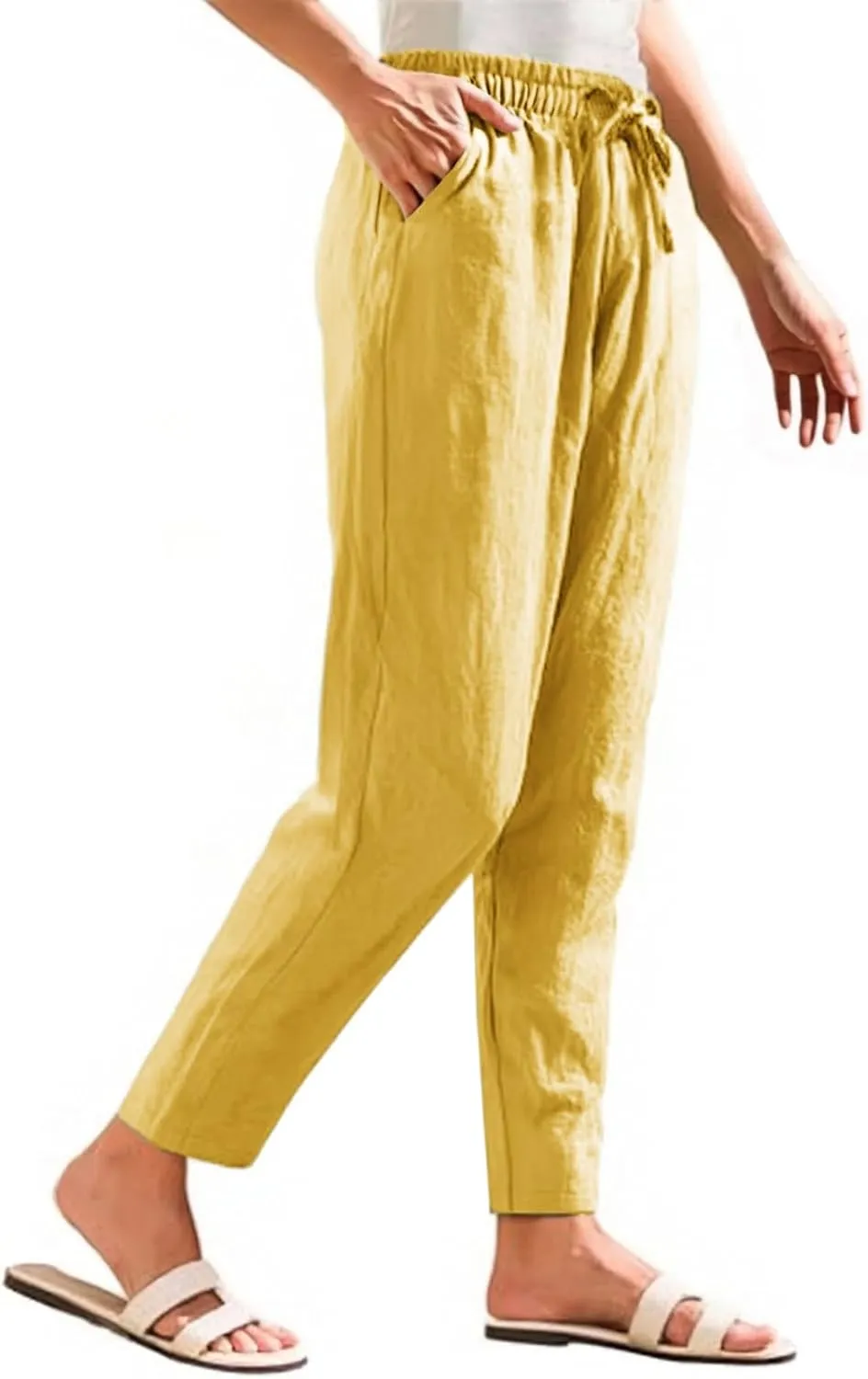 Women's Pants, Breathable Linen Casual Pants Straight Leg Peasant Trendy Cotton Drawstring