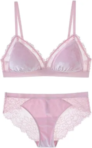 Women's Sexy V Neck Lace Bralettes Wireless Full Coverage Sheer Underwear Comfort Non Padded Sleep Bra and Panty Set