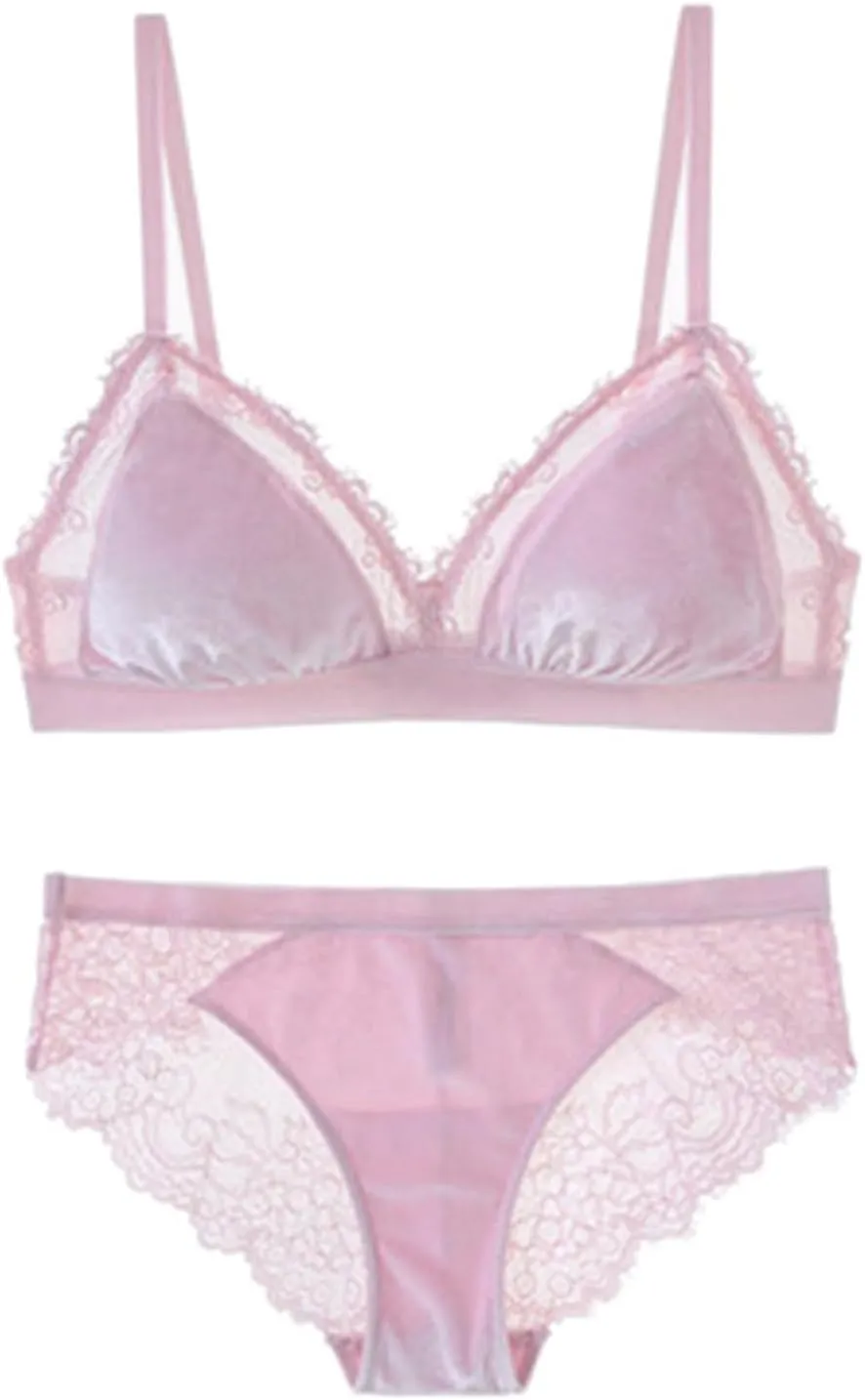 Women's Sexy V Neck Lace Bralettes Wireless Full Coverage Sheer Underwear Comfort Non Padded Sleep Bra and Panty Set