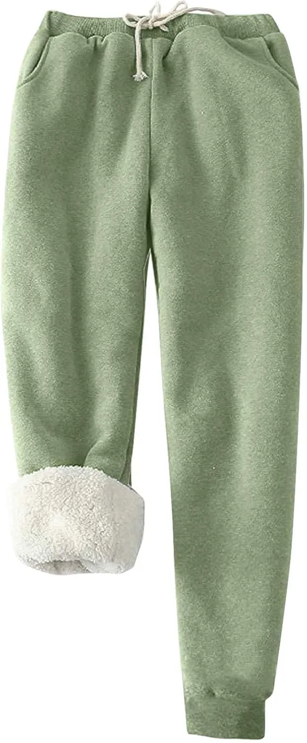Women's Sherpa Fleece Lined Thicken Joggers Casual Solid Drawstring Waist Cinch Bottom Sweatpants Comfy Warm Home Loungewear