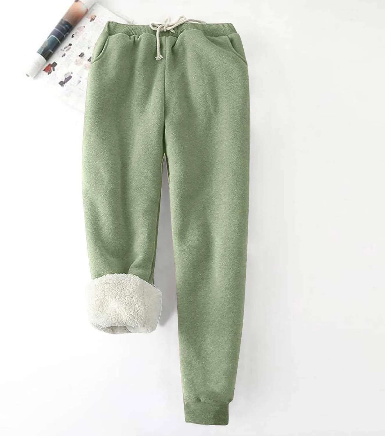 Women's Sherpa Fleece Lined Thicken Joggers Casual Solid Drawstring Waist Cinch Bottom Sweatpants Comfy Warm Home Loungewear