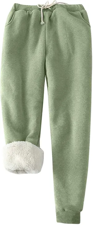 Women's Sherpa Fleece Lined Thicken Joggers Casual Solid Drawstring Waist Cinch Bottom Sweatpants Comfy Warm Home Loungewear