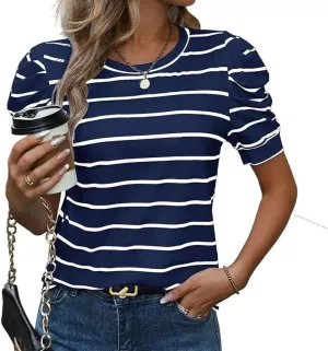 Women's Short Puff Sleeve Summer Tops Trendy Crewneck Striped Shirts Casual Pullover Blouses