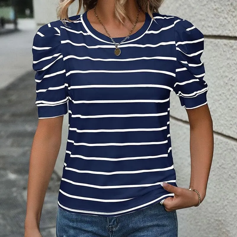 Women's Short Puff Sleeve Summer Tops Trendy Crewneck Striped Shirts Casual Pullover Blouses