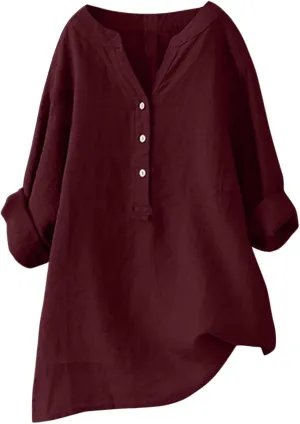 Women's Short Sleeve Linen Shirts Casual Crew Neck Lightweight T-Shirts Button Loose Fit Summer Tee Top