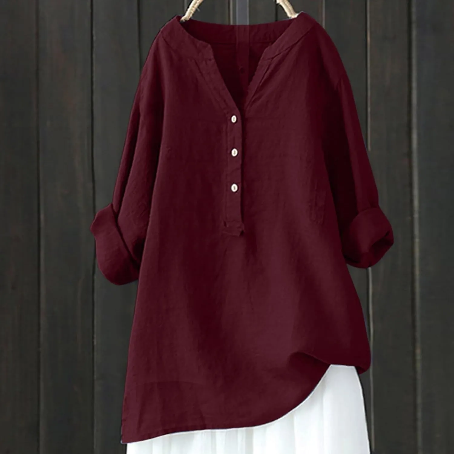 Women's Short Sleeve Linen Shirts Casual Crew Neck Lightweight T-Shirts Button Loose Fit Summer Tee Top