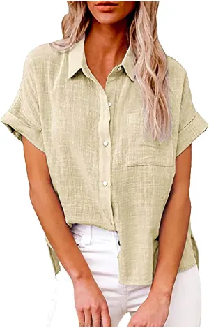 Women's Short Sleeve Linen Tops Button Down Summer Shirts Plus Size Work Blouse Dressy Casual Basic Tee Shirt Tops