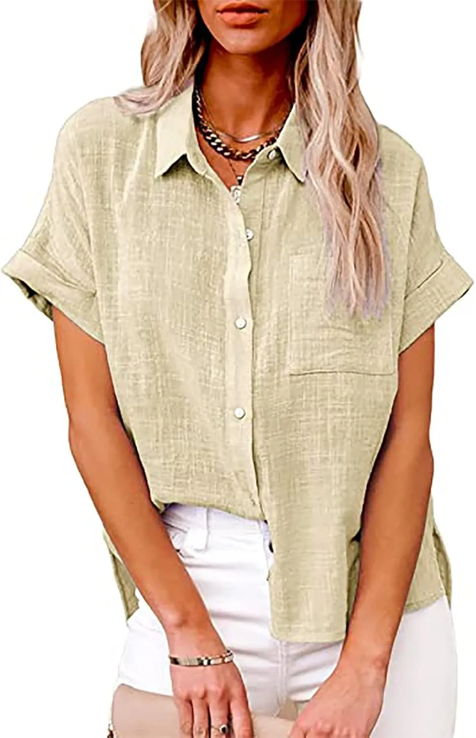 Women's Short Sleeve Linen Tops Button Down Summer Shirts Plus Size Work Blouse Dressy Casual Basic Tee Shirt Tops