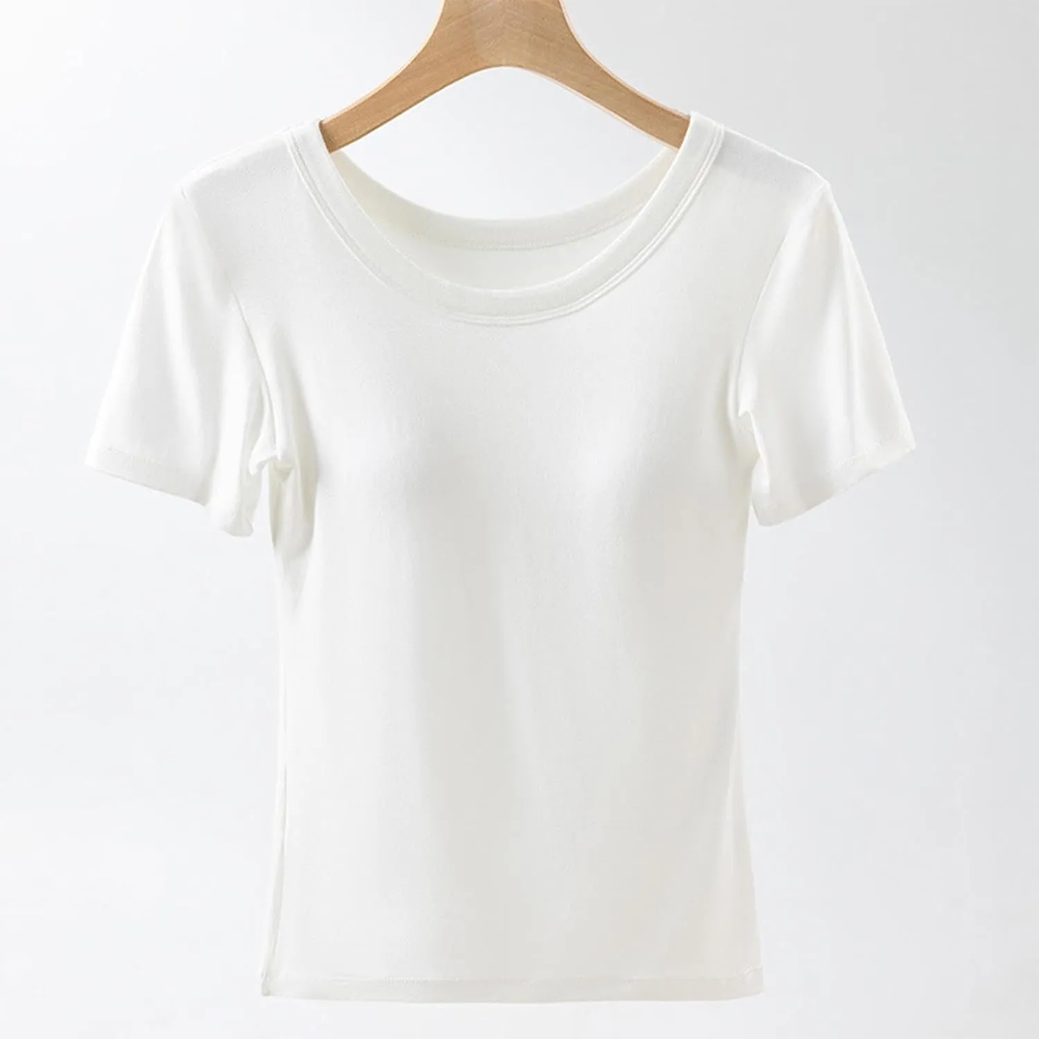 Womens Short Sleeve Tops with Built in Bra Casual Basic Shelf Bras Yoga Shirts Summer Crew Neck Plain Padded Tshirts