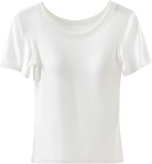 Womens Short Sleeve Tops with Built in Bra Casual Basic Shelf Bras Yoga Shirts Summer Crew Neck Plain Padded Tshirts