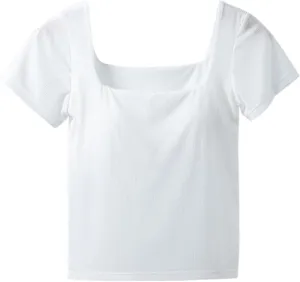 Womens Short Sleeve Tops with Built in Bra Casual Basic Shelf Bras Yoga Shirts Summer Sqaure Neck Plain Padded Tshirt