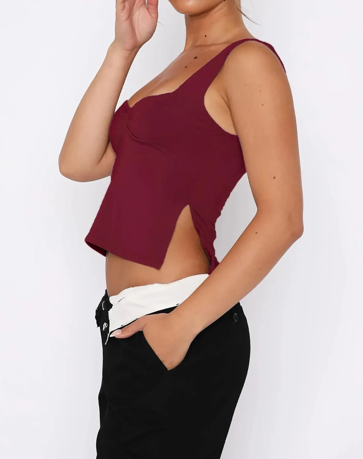 Women's Sleeveless Backless Going Out Crop Tank Top Sexy Pleated Sweetheart Neck Strappy Y2K Slits Cropped Tops