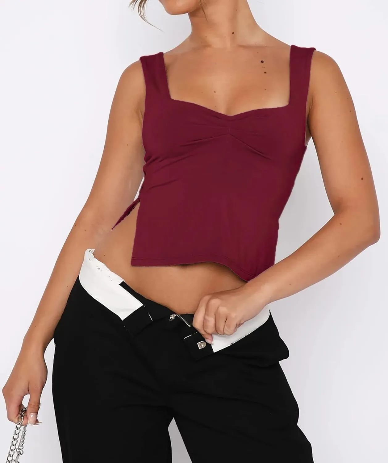 Women's Sleeveless Backless Going Out Crop Tank Top Sexy Pleated Sweetheart Neck Strappy Y2K Slits Cropped Tops
