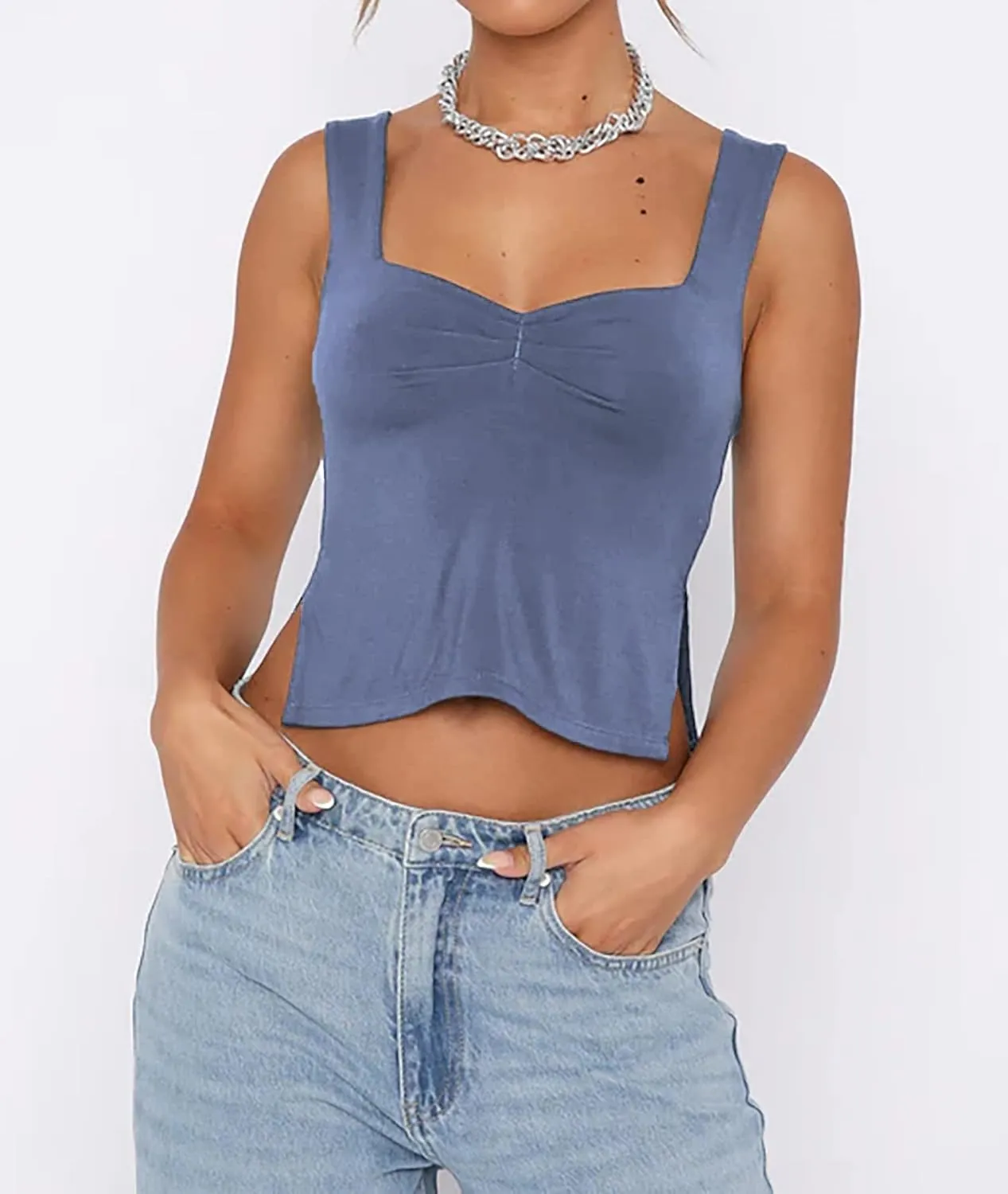 Women's Sleeveless Backless Going Out Crop Tank Top Sexy Pleated Sweetheart Neck Strappy Y2K Slits Cropped Tops