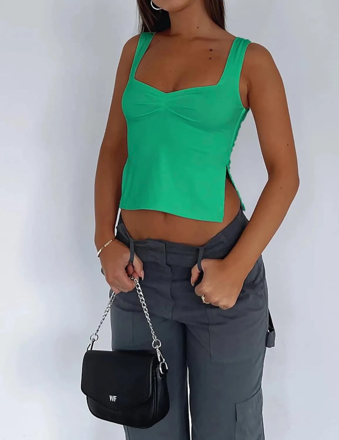 Women's Sleeveless Backless Going Out Crop Tank Top Sexy Pleated Sweetheart Neck Strappy Y2K Slits Cropped Tops