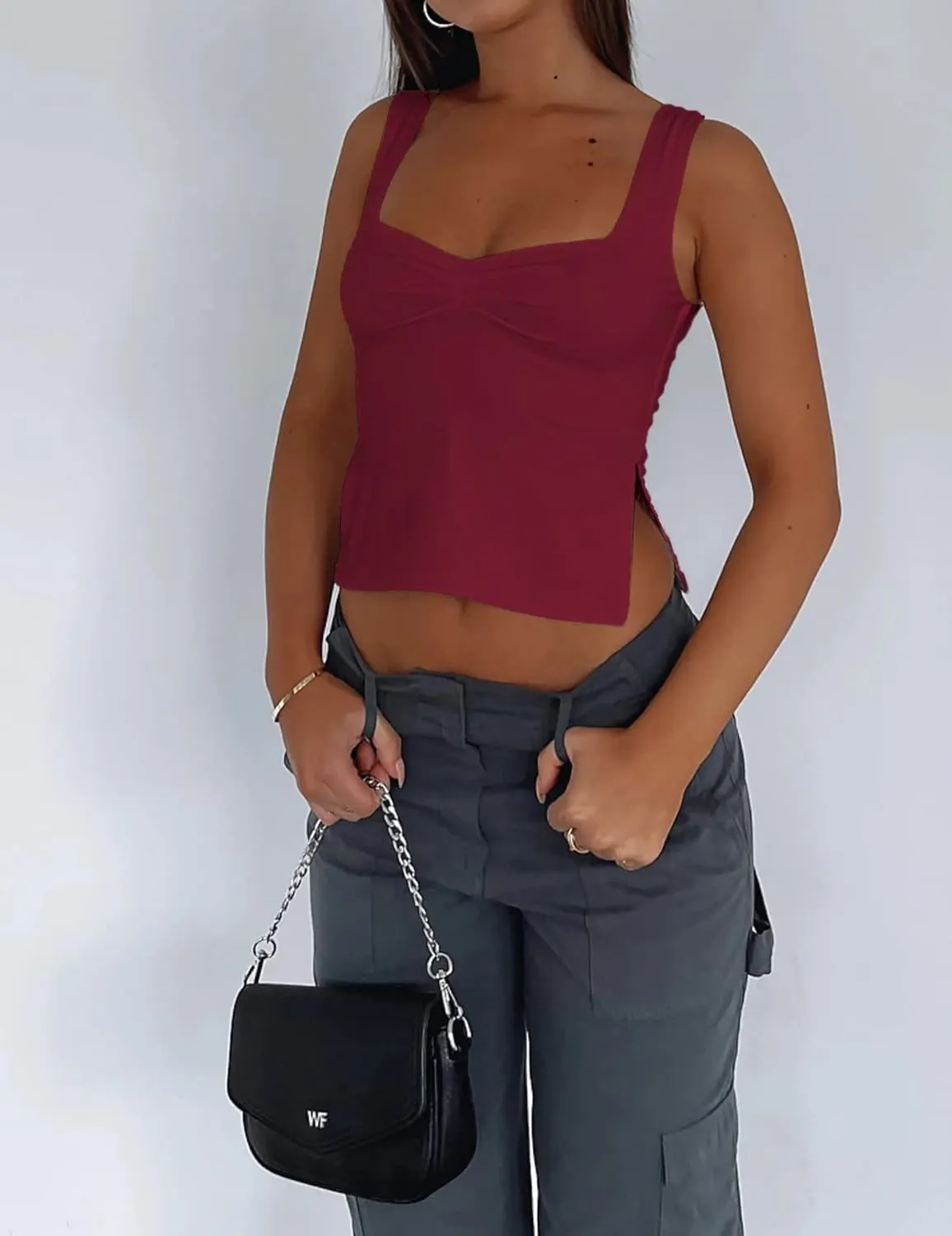 Women's Sleeveless Backless Going Out Crop Tank Top Sexy Pleated Sweetheart Neck Strappy Y2K Slits Cropped Tops