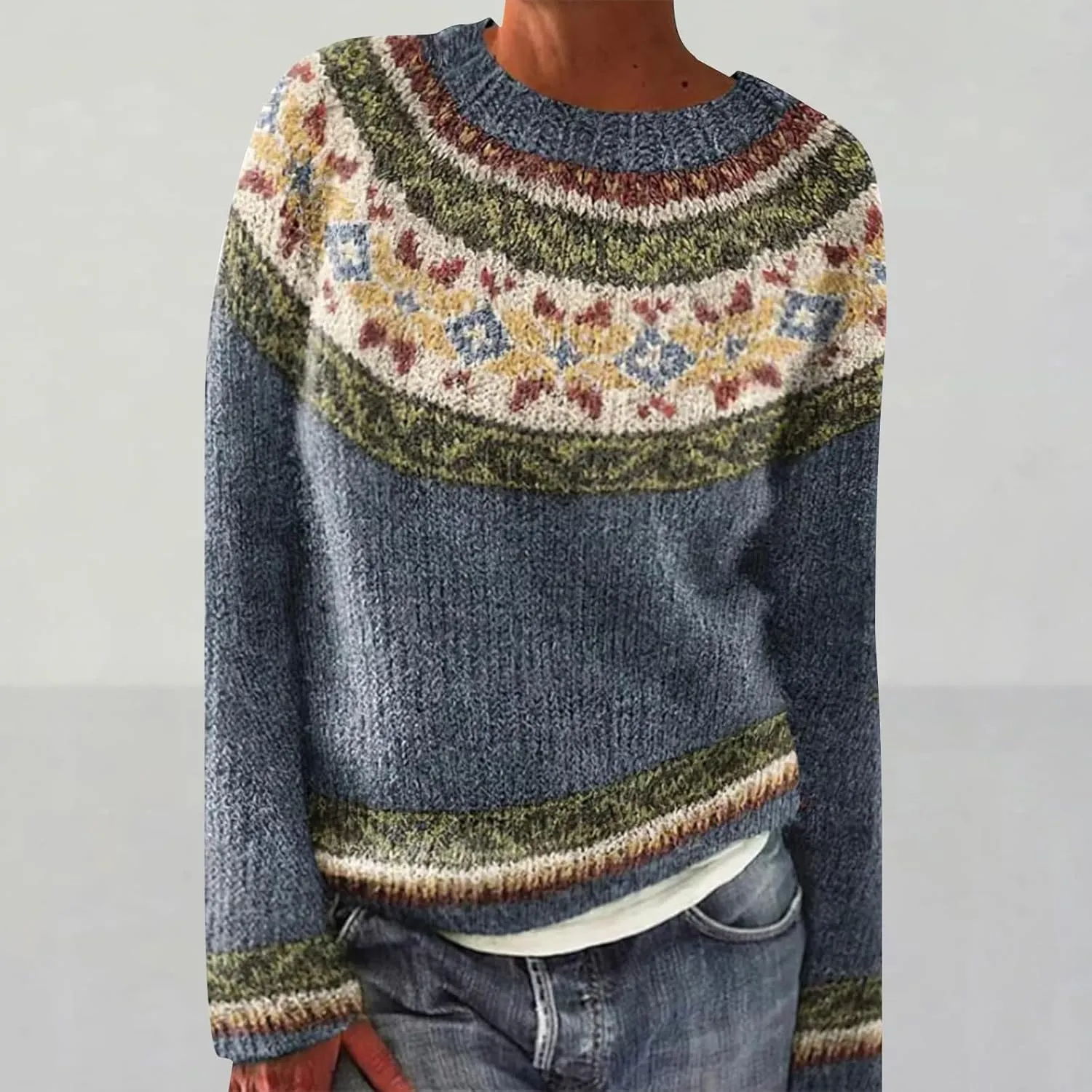 Women's Soft-Touch Fair Isle Pattern Sweater Women's Knitted Isle Print Retro Sweater Casual Loose Crewneck Long