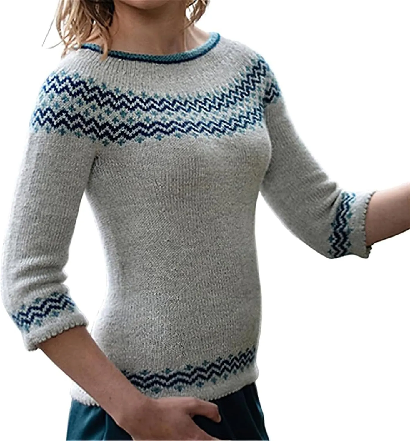 Women's Soft-Touch Fair Isle Pattern Sweater Women's Knitted Isle Print Retro Sweater Casual Loose Crewneck Long