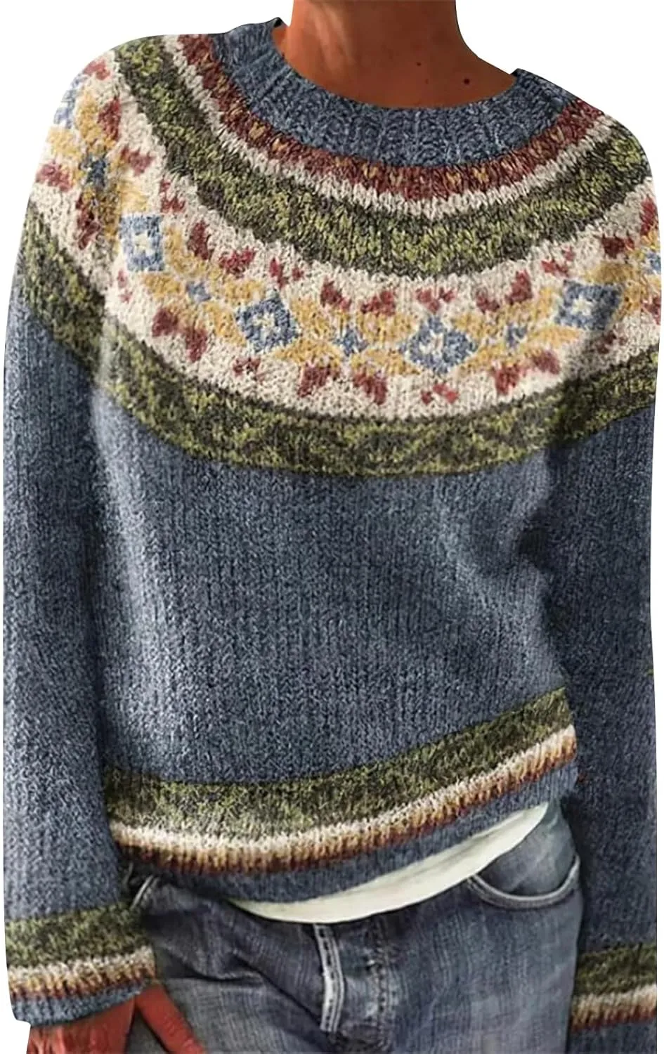 Women's Soft-Touch Fair Isle Pattern Sweater Women's Knitted Isle Print Retro Sweater Casual Loose Crewneck Long