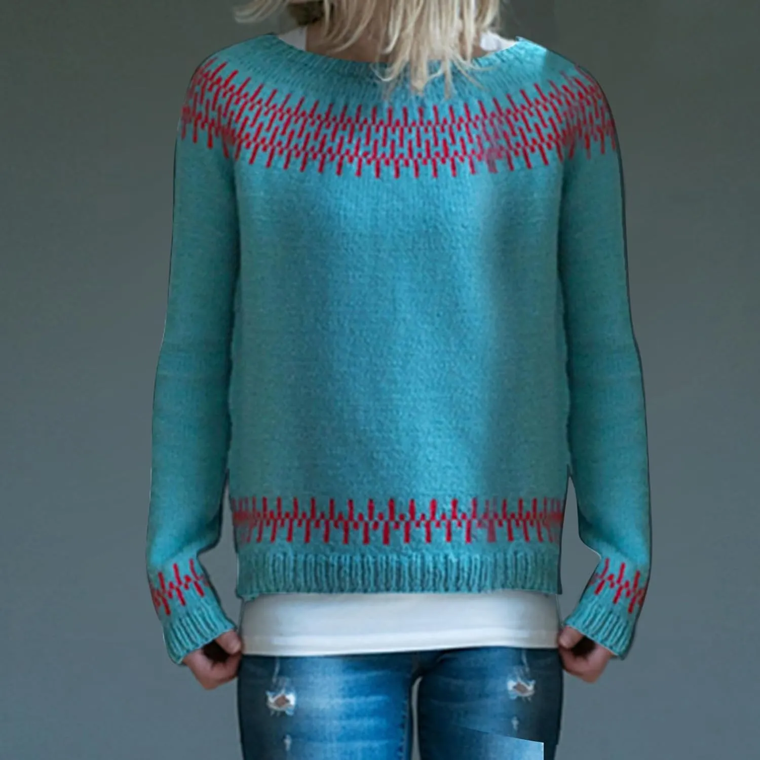 Women's Soft-Touch Fair Isle Pattern Sweater Women's Knitted Isle Print Retro Sweater Casual Loose Crewneck Long