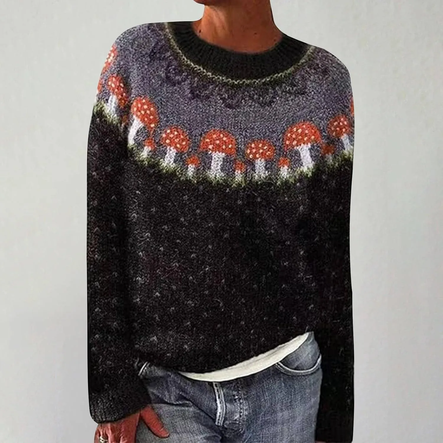 Women's Soft-Touch Fair Isle Pattern Sweater Women's Knitted Isle Print Retro Sweater Casual Loose Crewneck Long