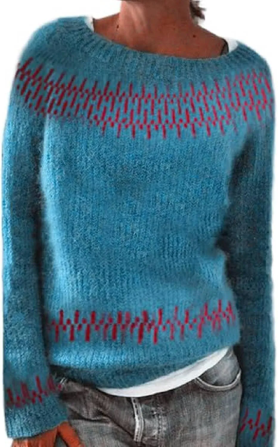 Women's Soft-Touch Fair Isle Pattern Sweater Women's Knitted Isle Print Retro Sweater Casual Loose Crewneck Long