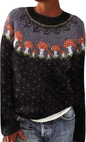 Women's Soft-Touch Fair Isle Pattern Sweater Women's Knitted Isle Print Retro Sweater Casual Loose Crewneck Long