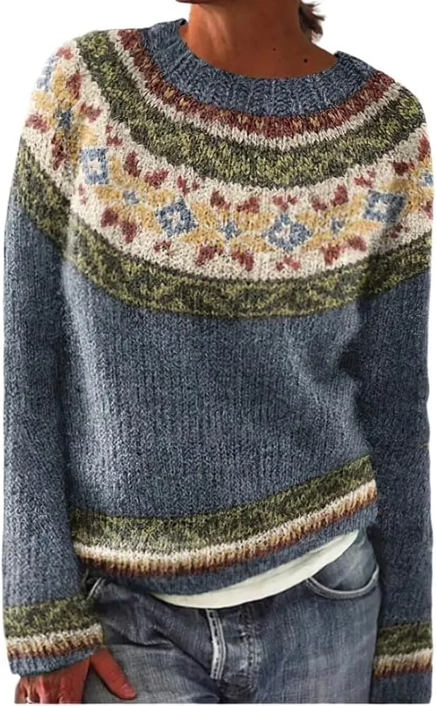 Women's Soft-Touch Fair Isle Pattern Sweater Women's Knitted Isle Print Retro Sweater Casual Loose Crewneck Long