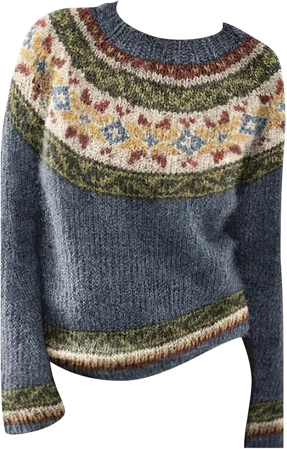 Women's Soft-Touch Fair Isle Pattern Sweater Women's Knitted Isle Print Retro Sweater Casual Loose Crewneck Long
