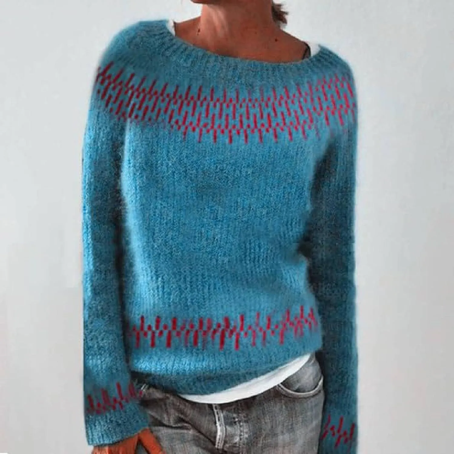 Women's Soft-Touch Fair Isle Pattern Sweater Women's Knitted Isle Print Retro Sweater Casual Loose Crewneck Long