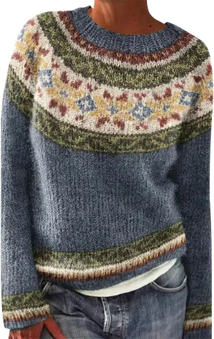Women's Soft-Touch Fair Isle Pattern Sweater Women's Knitted Isle Print Retro Sweater Casual Loose Crewneck Long